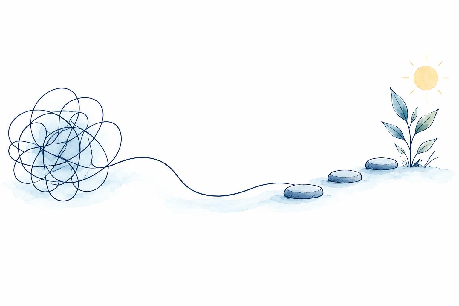 A tangled line finding its way towards small stepping stones and a growing plant.